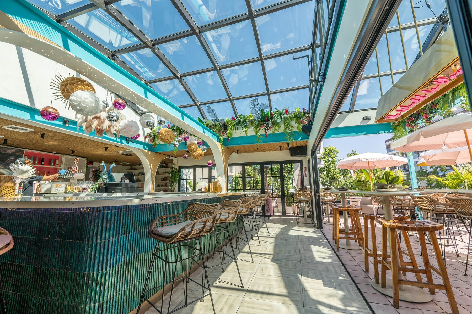 Rooftop bar with disco balls at Coco Maya happy hour, Little Italy San Diego